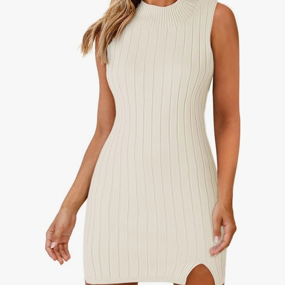 white ribbed bodycon mockneck dress